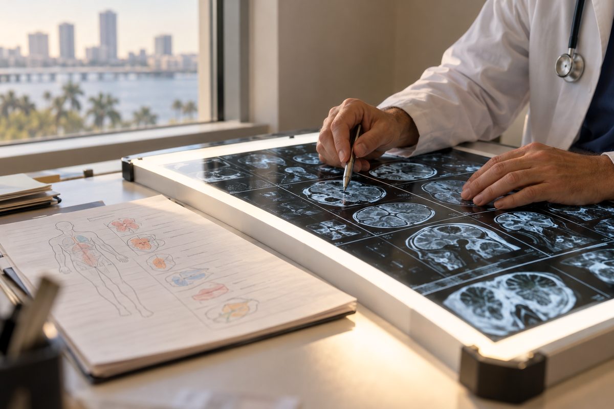 Physician reviewing radiological diagnostic scans alongside handwritten oncology regimen schedule.