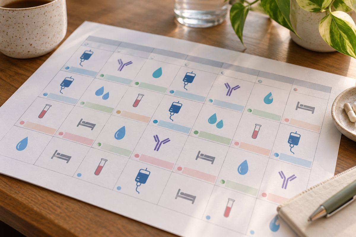 Structured chemotherapy and immunotherapy treatment calendar detailing cycle rest days.